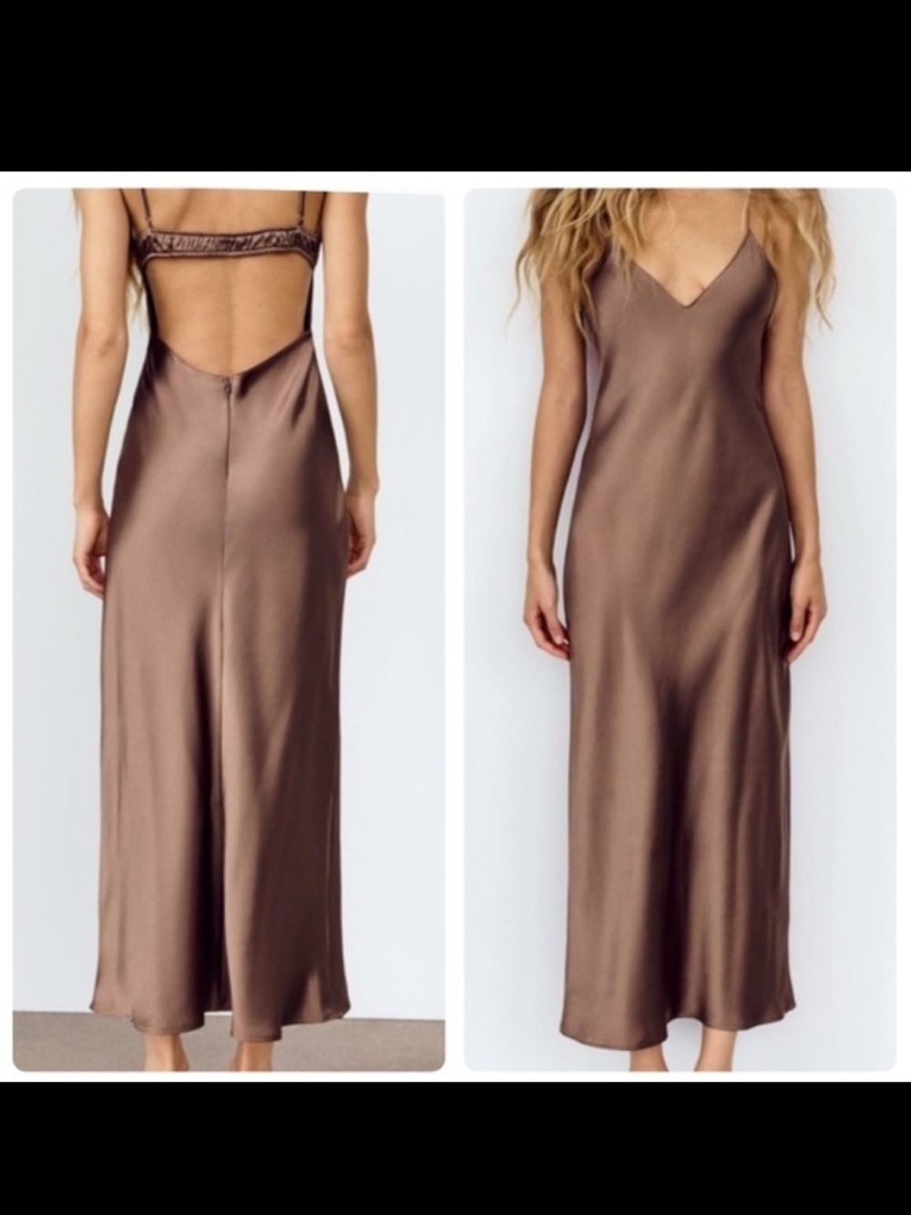 Zara NWT Satin Effect Slip Midi Dress Brown Open Back Large 3067/374